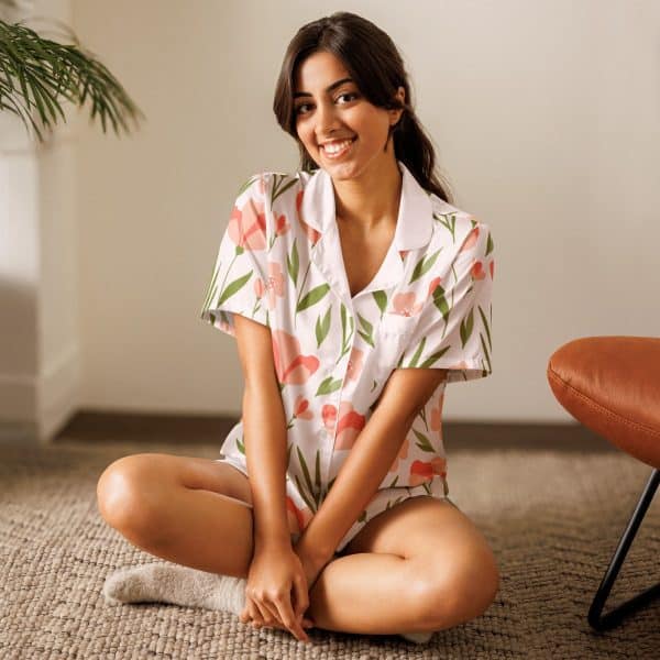 Pink Flowers -  Women’s short sleeve pajama top