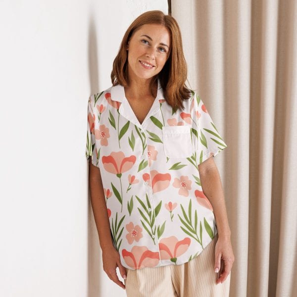 Pink Flowers -  Women’s short sleeve pajama top