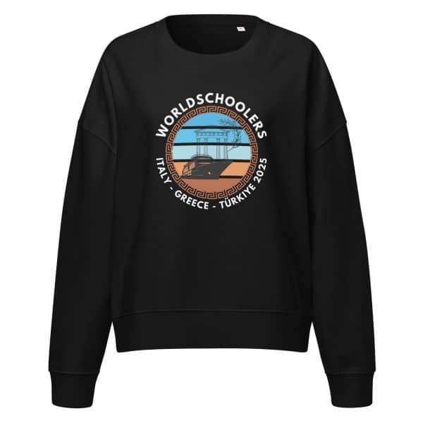 Women’s organic crew neck sweatshirt | White Font | Italy - Greece - Türkiye 2025