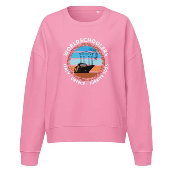Women’s organic crew neck sweatshirt | White Font | Italy - Greece - Türkiye 2025