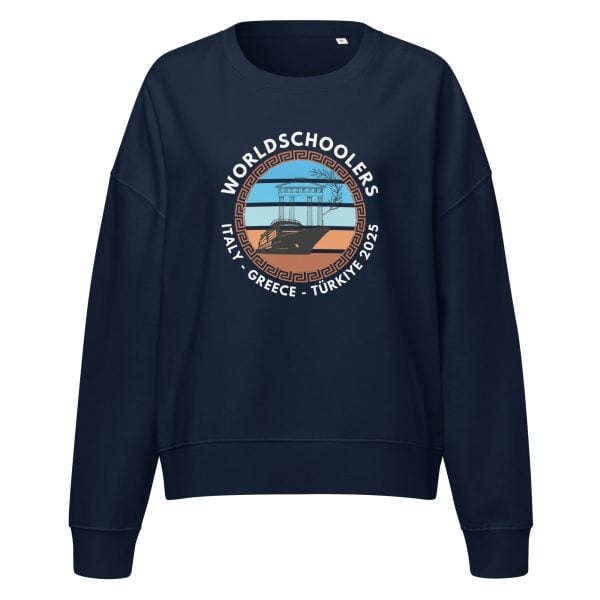 Women’s organic crew neck sweatshirt | White Font | Italy - Greece - Türkiye 2025