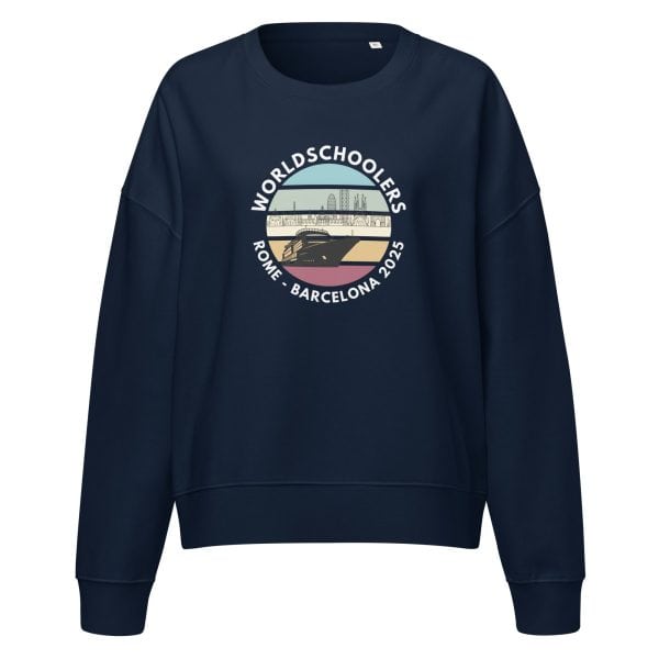 Women’s organic crew neck sweatshirt | White Font | Rome - Barcelona 2025