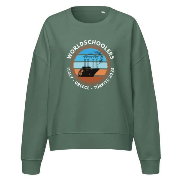 Women’s organic crew neck sweatshirt | White Font | Italy - Greece - Türkiye 2025