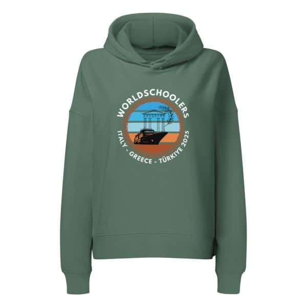 Women’s organic mid-weight hoodie | White Font | Italy - Greece - Türkiye 2025