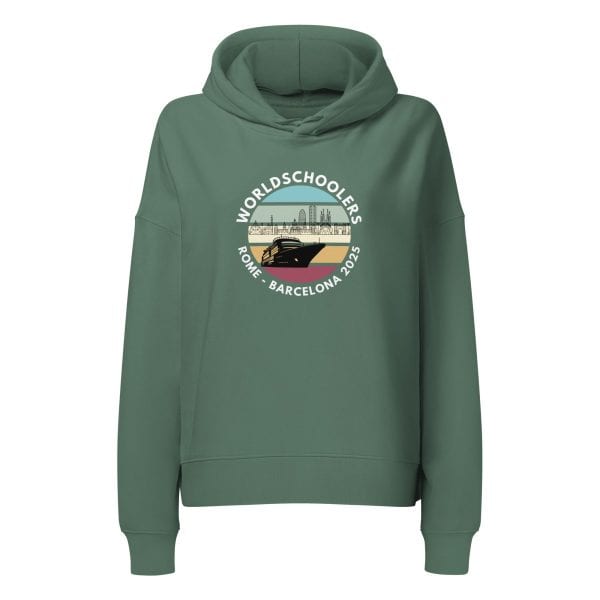 Women’s organic mid-weight hoodie | White Font | Rome - Barcelona 2025