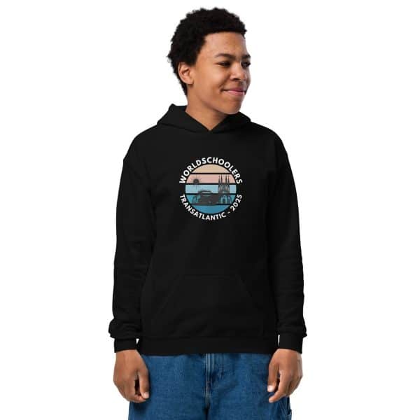 Youth heavy blend hoodie | White Font | Transatlantic 2025