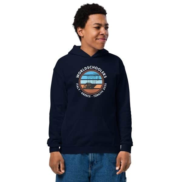 Youth heavy blend hoodie | White Font | Italy - Greece - Türkiye 2025